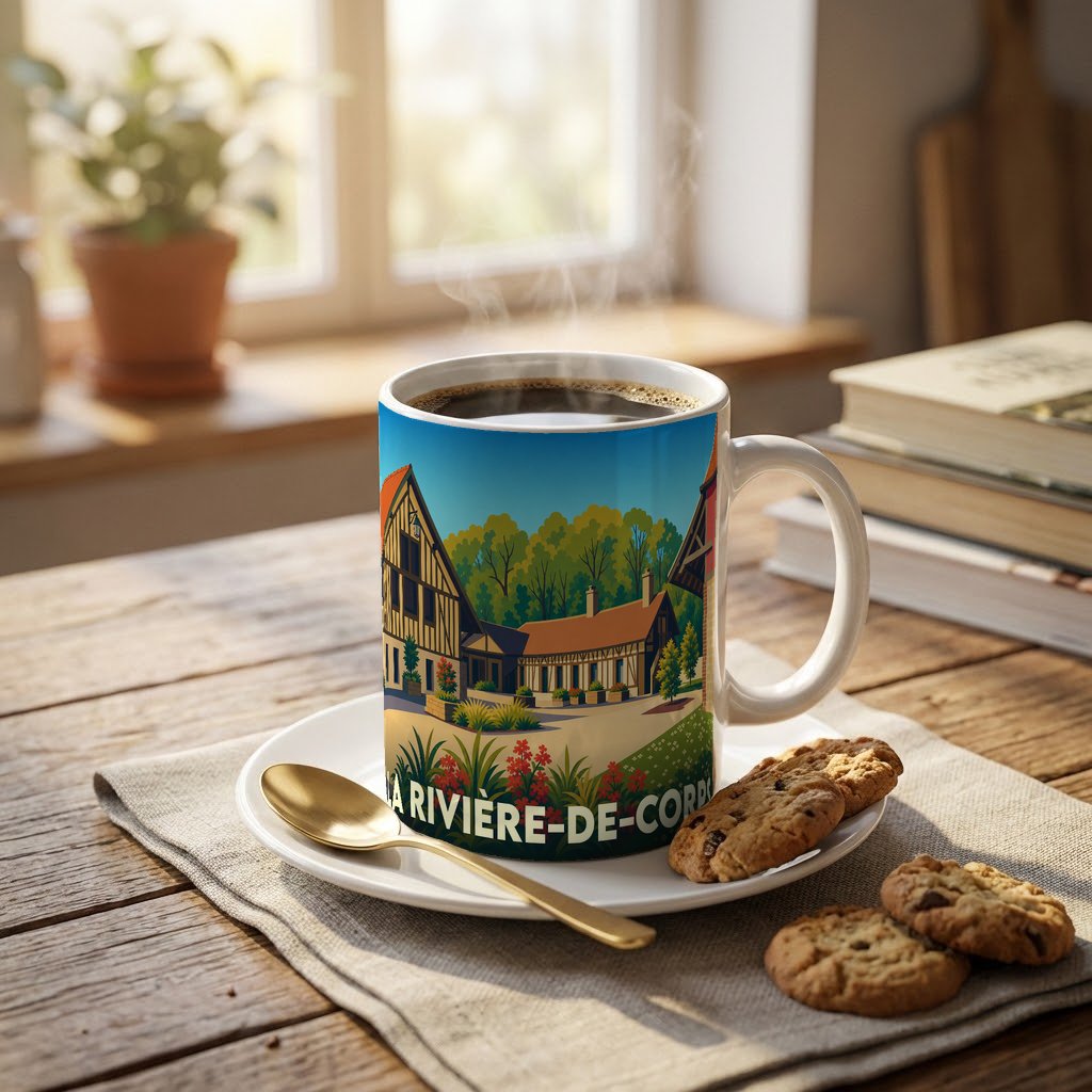 Mug souvenir de la ville de La Rivière-de-Corps avec une illustration stylisée de maisons à colombages.