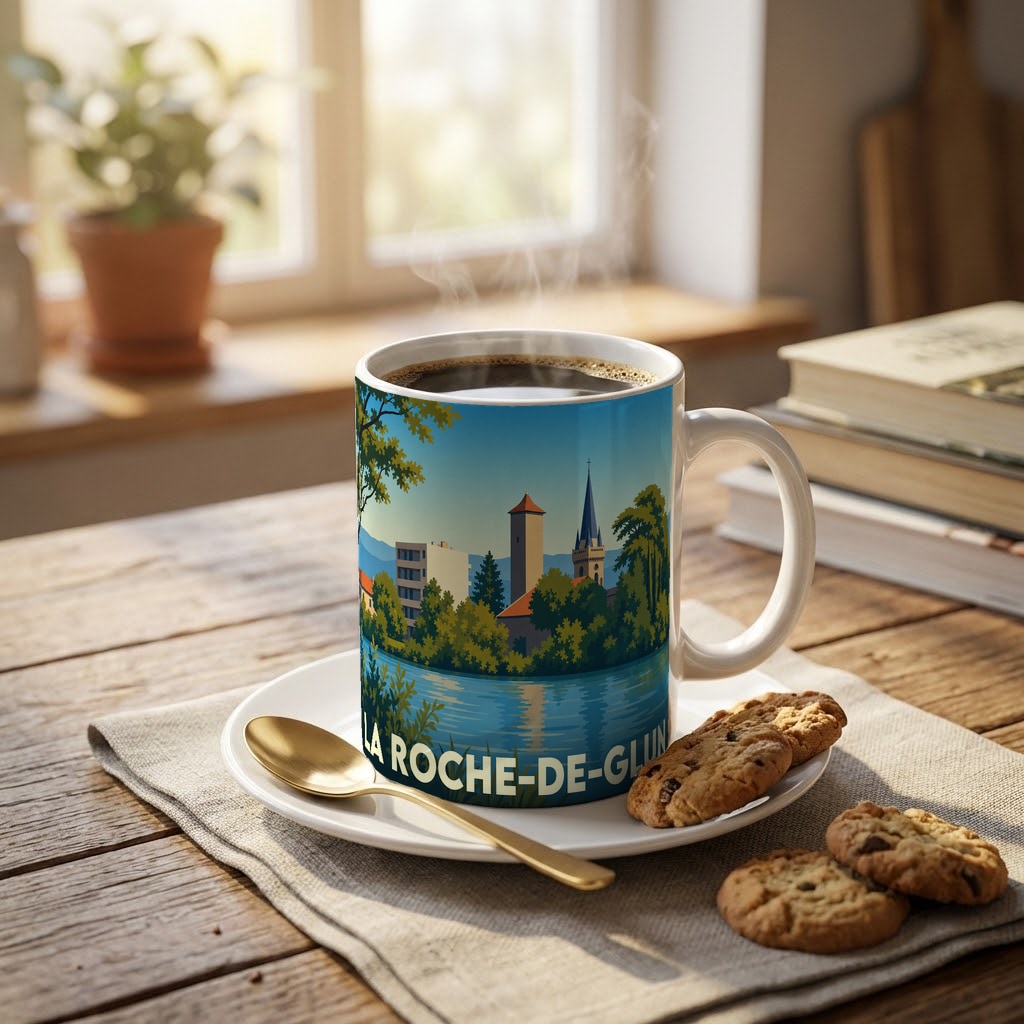 Mug souvenir de la ville de La Roche-de-Glun orné d'une illustration stylisée du bord de l'eau.