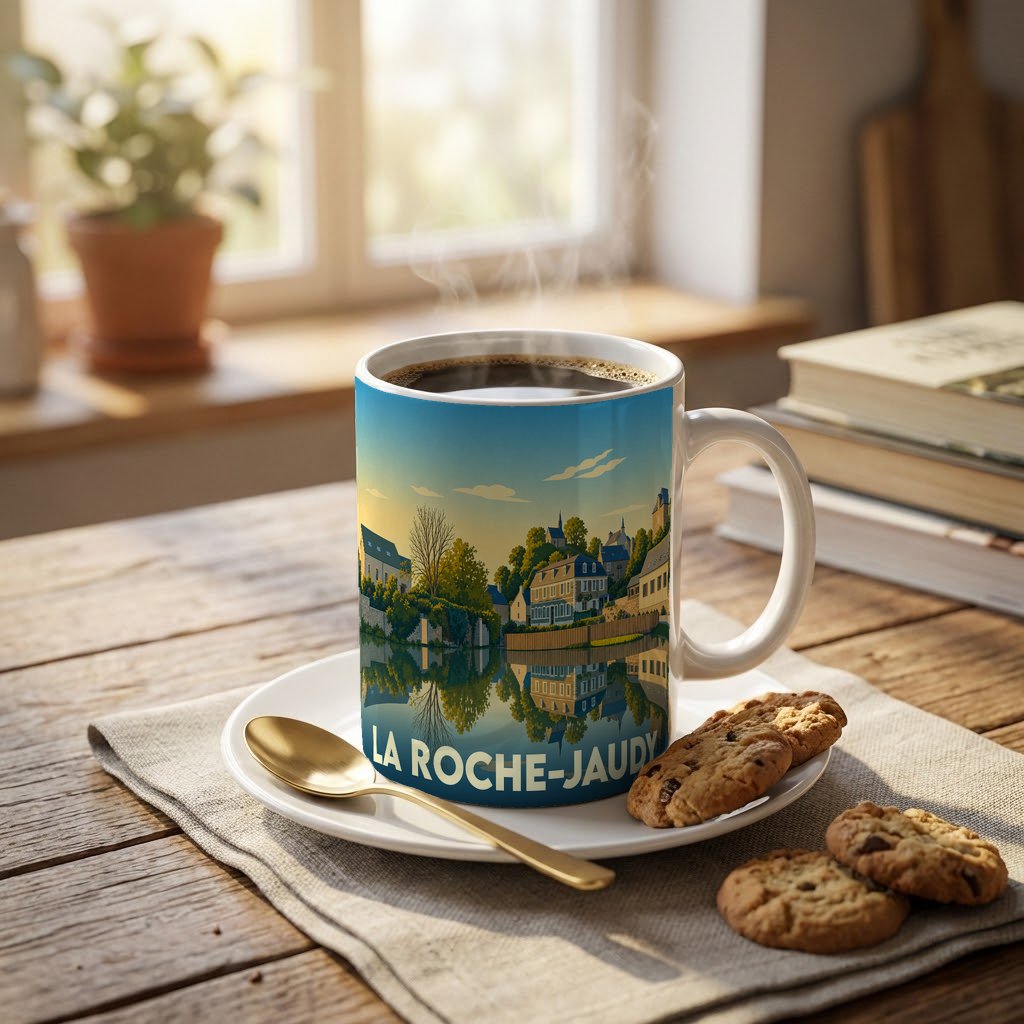 Mug souvenir de la ville de La Roche-Jaudy avec une illustration stylisée d'un paysage urbain au bord de l'eau.