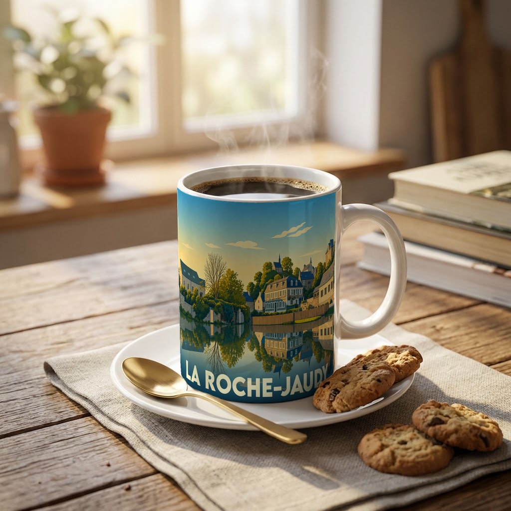 Mug souvenir de la ville de La Roche-Jaudy avec une illustration stylisée d'un paysage urbain au bord de l'eau.