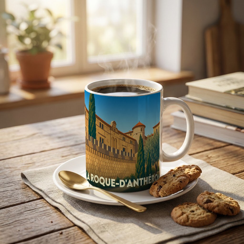 Mug souvenir de la ville de La Roque-d'Anthéron avec une illustration stylisée de son patrimoine.