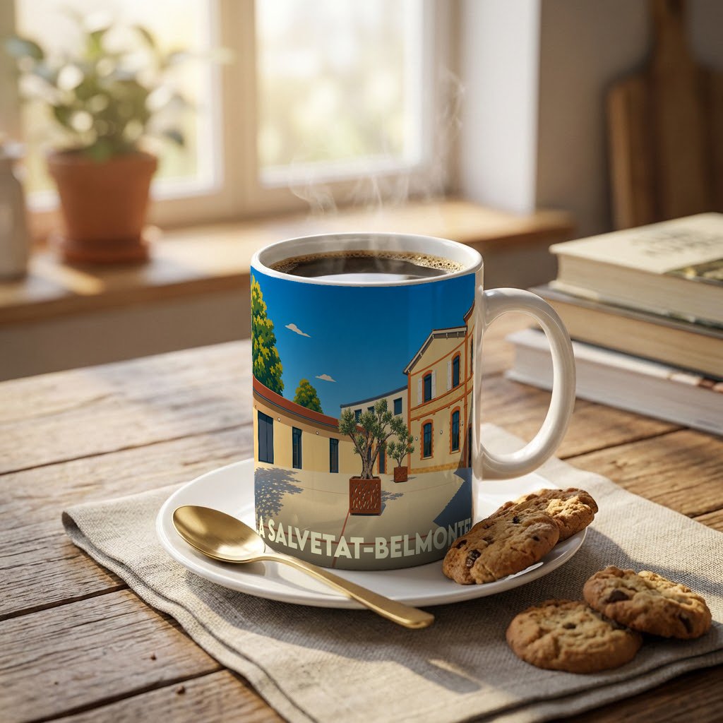Mug souvenir de la ville de La Salvetat-Belmontet avec une illustration stylisée d'une place ensoleillée.