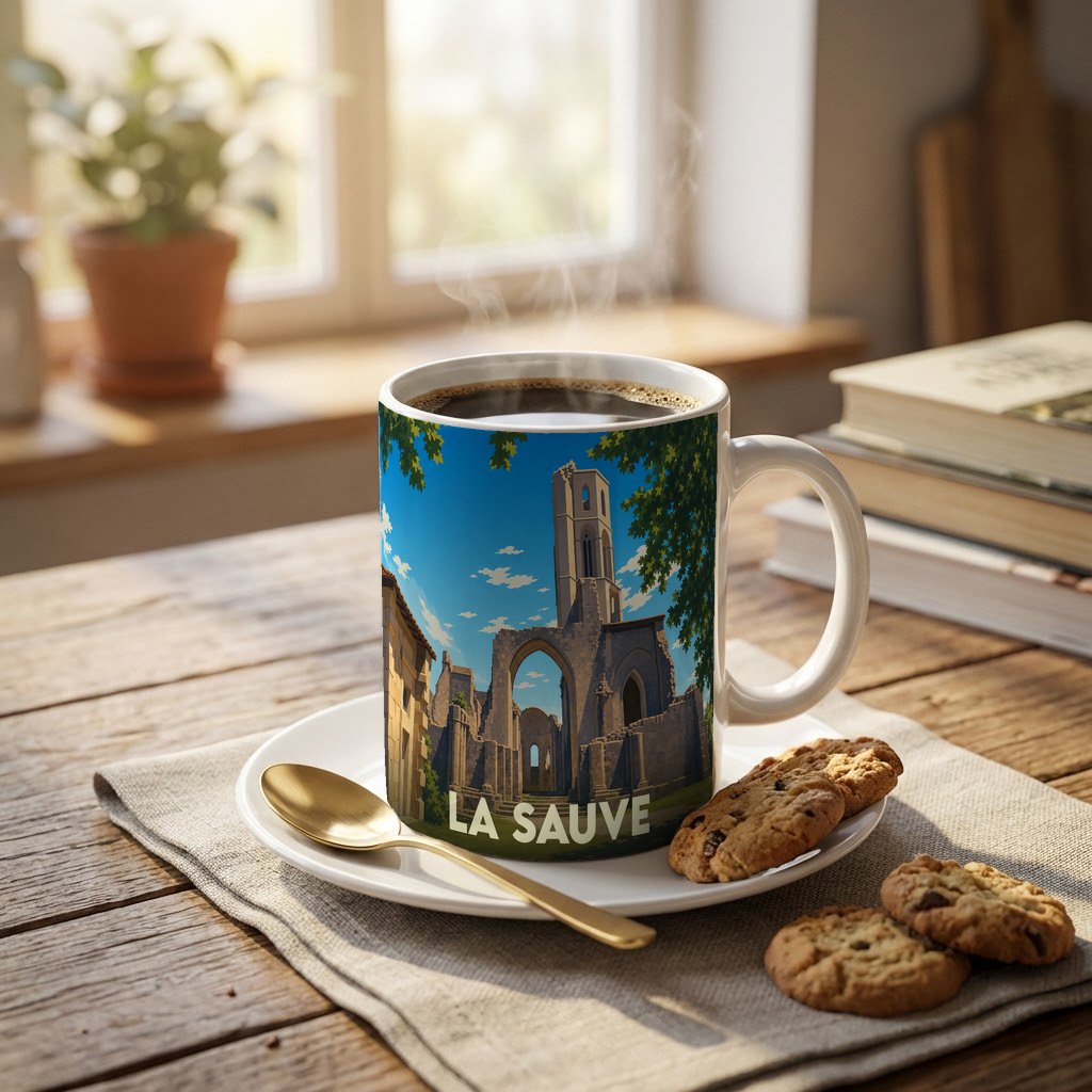 Mug souvenir de la ville de La Sauve avec une illustration stylisée de son abbaye.