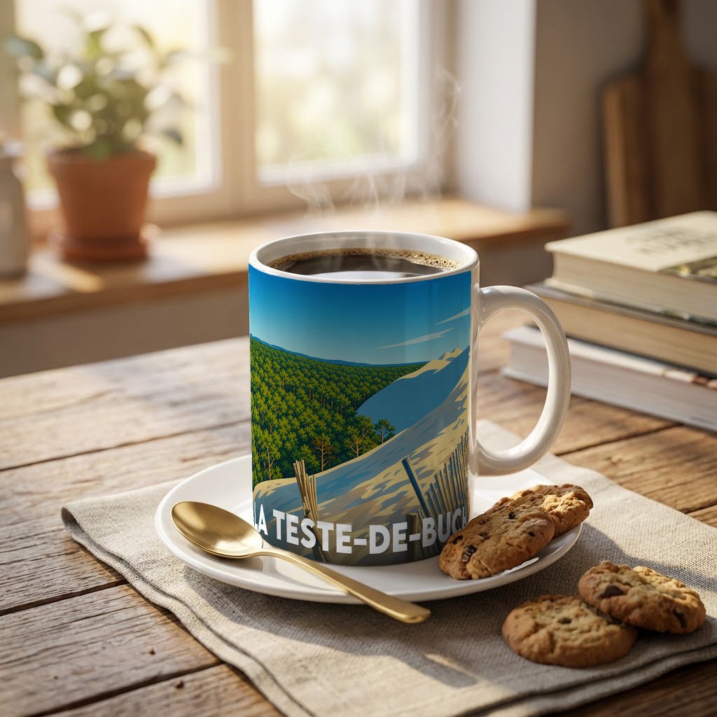 Mug souvenir de la ville de La Teste-de-Buch orné d'une illustration stylisée du Bassin d'Arcachon.
