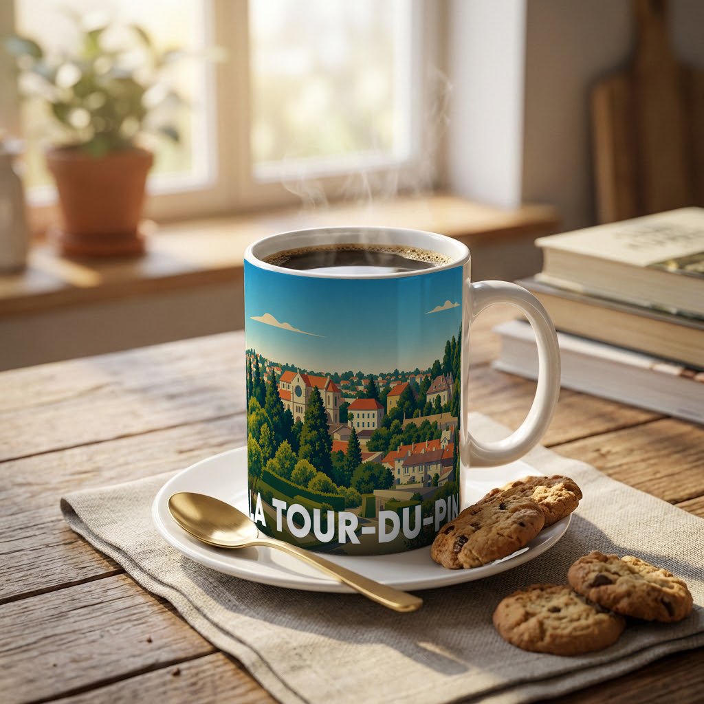 Mug souvenir de la ville de La Tour-du-Pin orné d'une illustration panoramique stylisée.