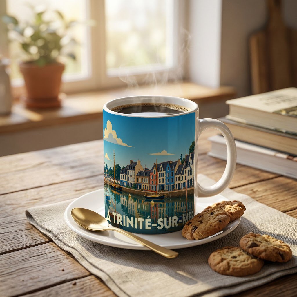 Mug souvenir de la ville de La Trinité-sur-Mer avec une illustration stylisée du port.