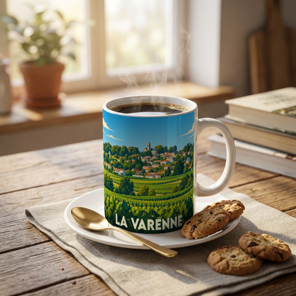 Mug souvenir de la ville de La Varenne orné d'une illustration stylisée de son paysage et de ses vignobles.