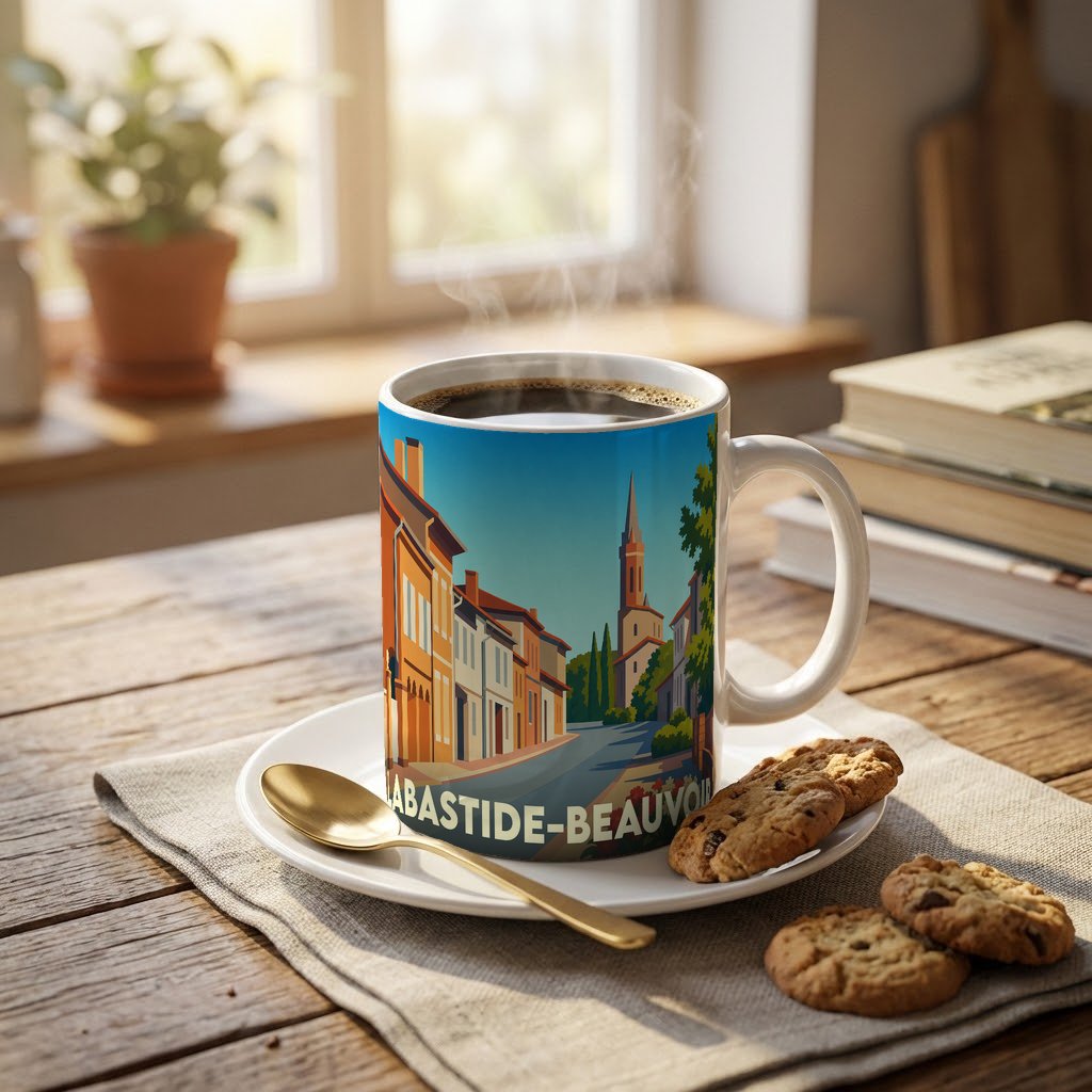 Mug souvenir de la ville de Labastide-Beauvoir avec une illustration stylisée et colorée de ses rues.