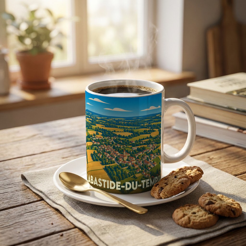 Mug souvenir de la ville de Labastide-du-Temple avec une illustration paysagère stylisée.