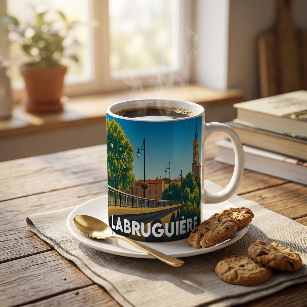 Mug souvenir de la ville de Labruguière orné d'une illustration stylisée représentant son pont et ses bâtiments historiques.