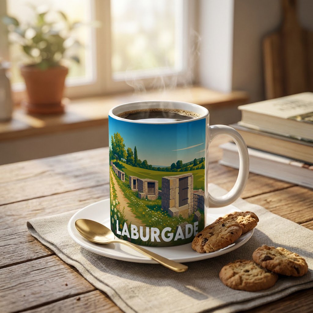 Mug souvenir de la ville de Laburgade avec une illustration stylisée de son paysage rural.