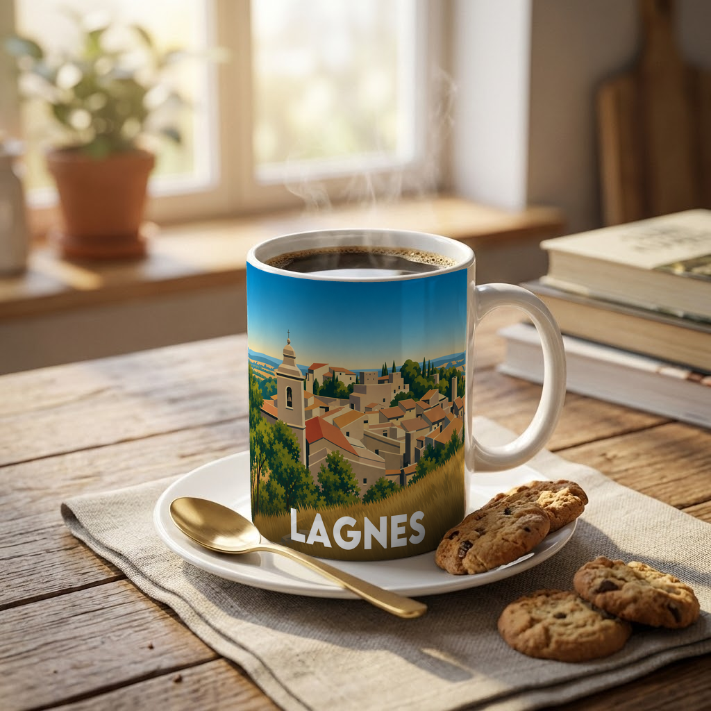 Mug souvenir de la ville de Lagnes avec une illustration stylisée.