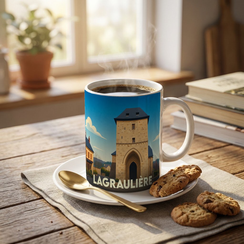 Mug souvenir de la ville de Lagraulière avec une illustration stylisée d'une porte médiévale.