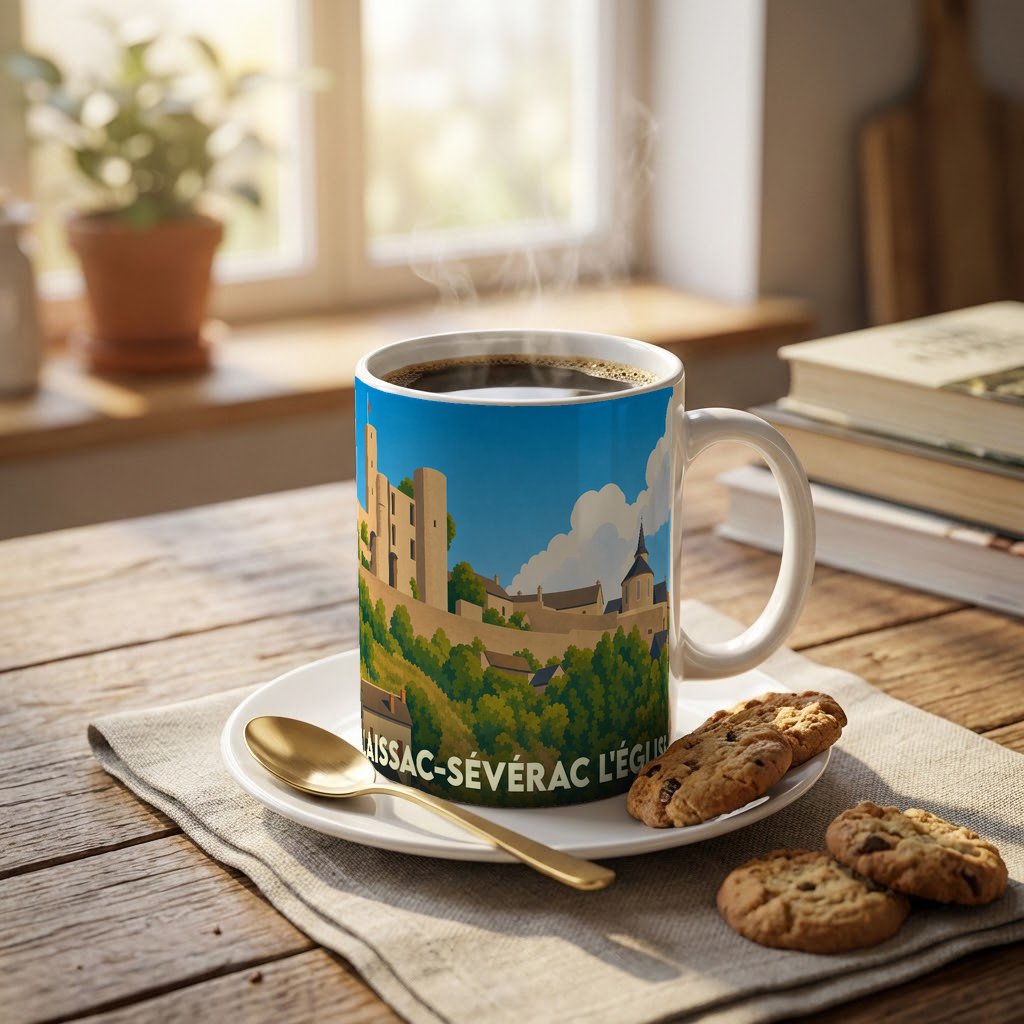 Mug souvenir de la commune de Laissac-Sévérac l'Église orné d'une illustration stylisée de son patrimoine.