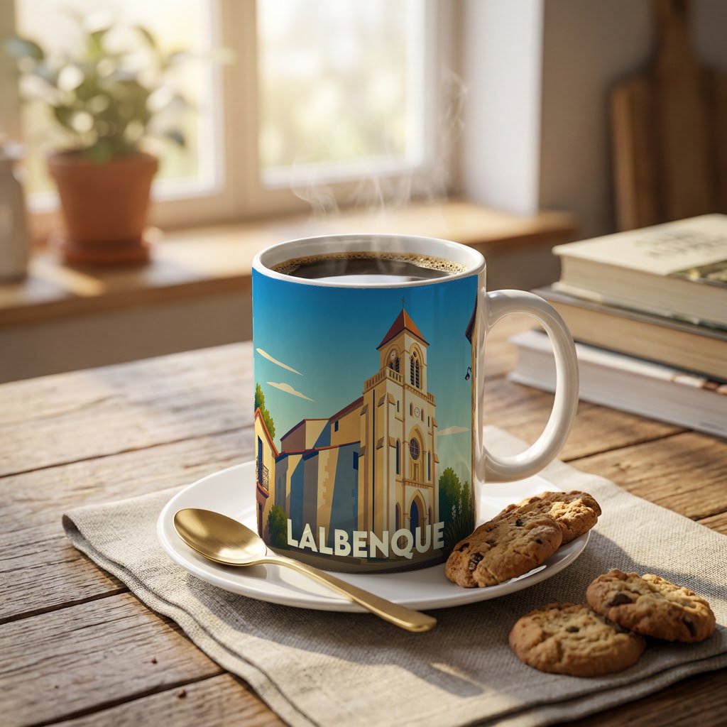 Mug souvenir de la ville de Lalbenque illustré d'un dessin stylisé de son église.
