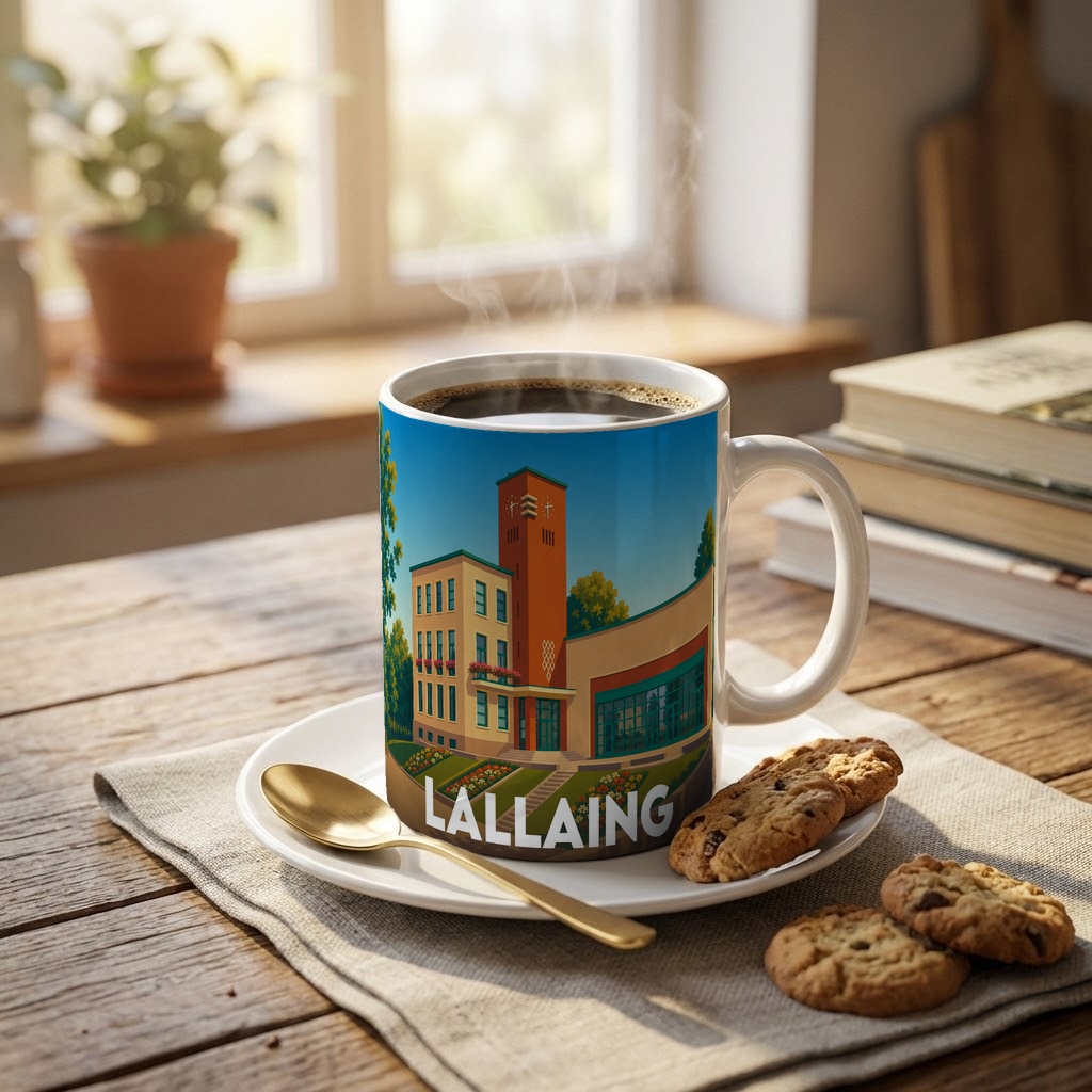 Mug souvenir de la ville de Lallaing illustré d'un dessin coloré de l'hôtel de ville.
