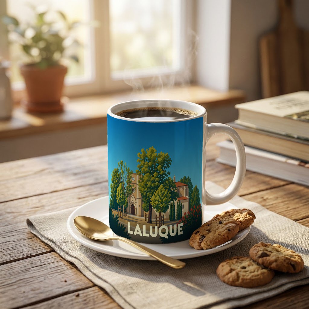 Mug souvenir de la ville de Laluque avec une illustration stylisée d'un paysage urbain arboré.