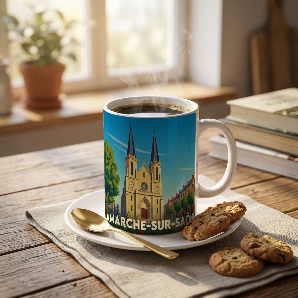 Mug souvenir de la ville de Lamarche-sur-Saône avec une illustration stylisée de son église à deux clochers.