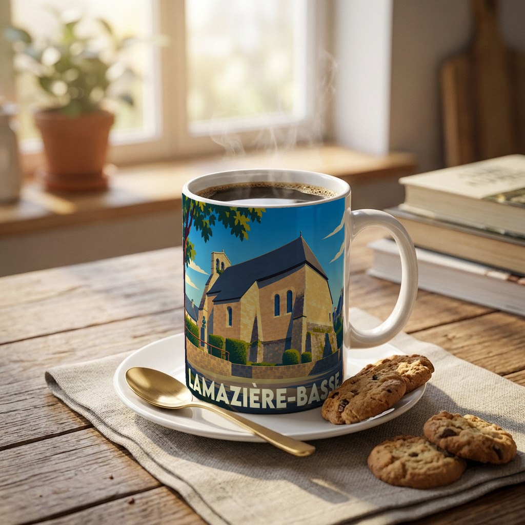 Mug souvenir de la ville de Lamazière-Basse avec une illustration stylisée d'une église locale.
