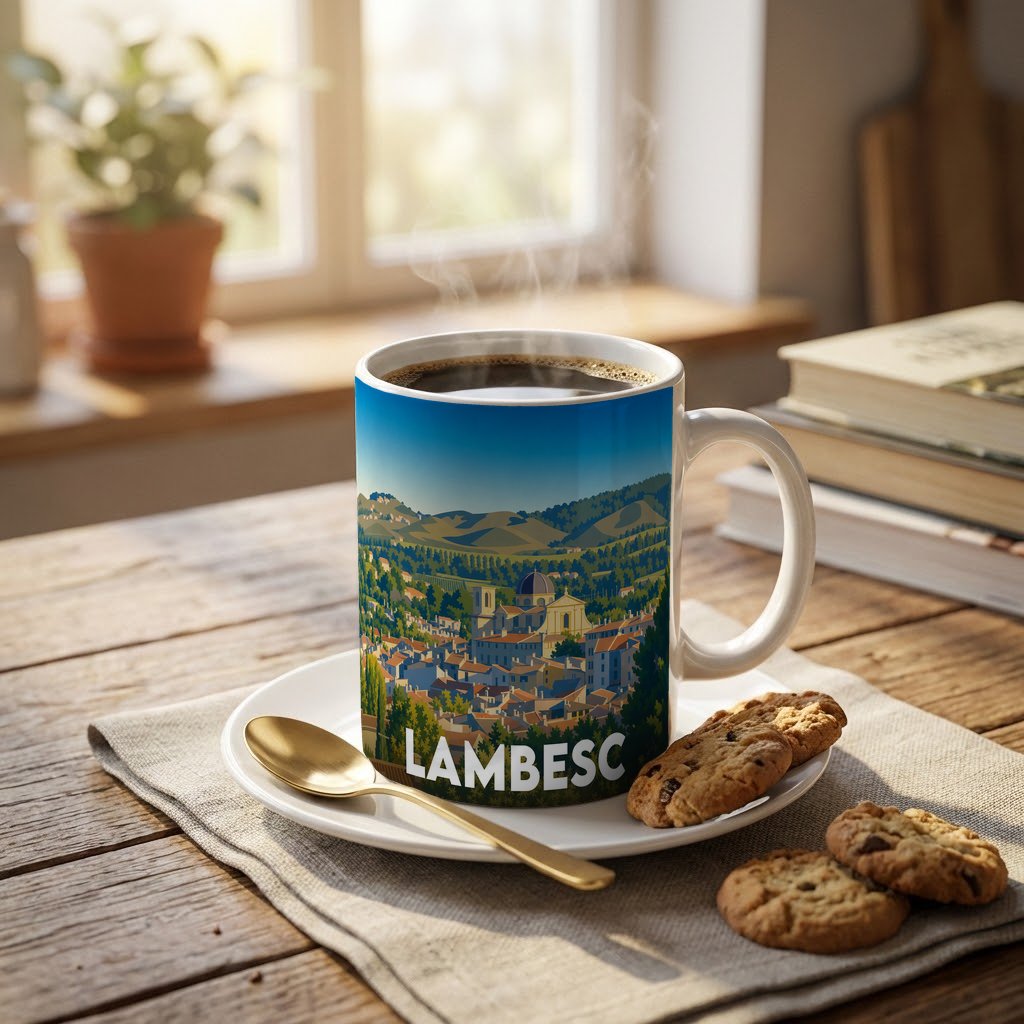 Mug souvenir de la ville de Lambesc orné d'une illustration panoramique stylisée.