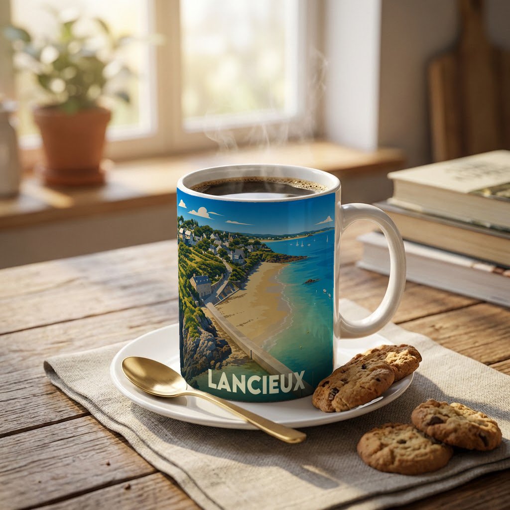 Mug souvenir de la ville de Lancieux orné d'une illustration côtière stylisée.