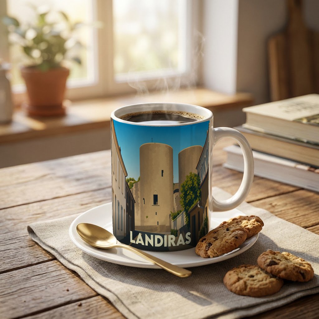 Mug souvenir de la ville de Landiras avec une illustration stylisée de ses tours médiévales.