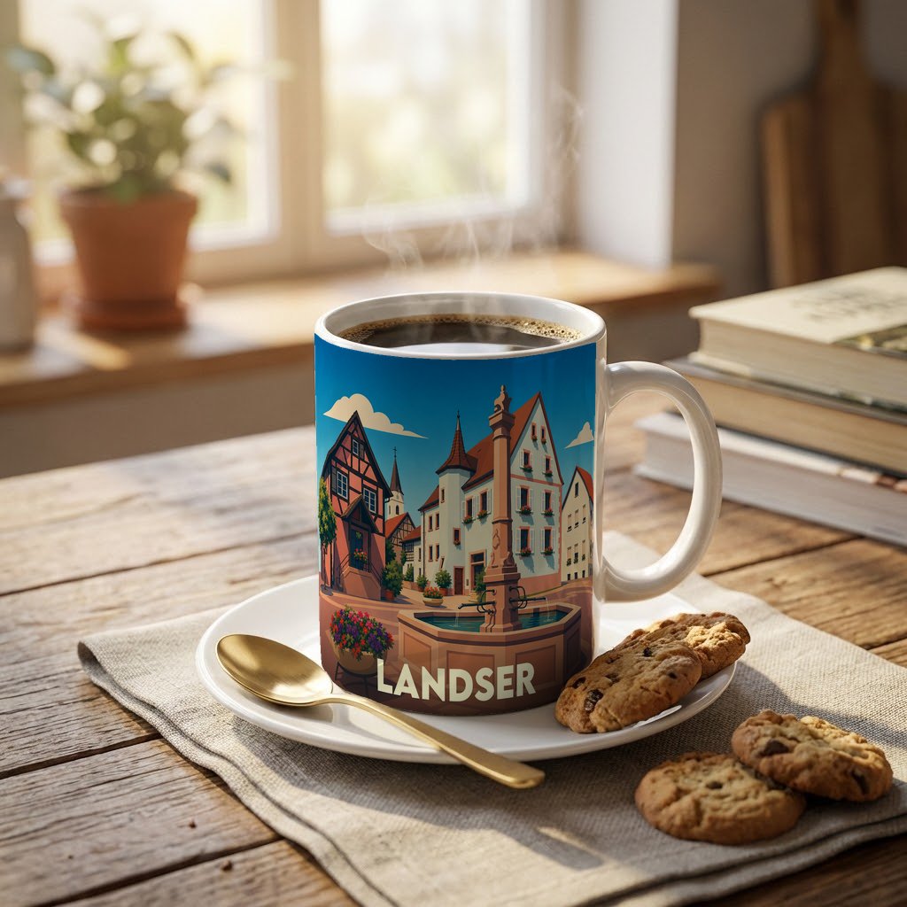 Mug souvenir de la ville de Landser avec une illustration stylisée d'une place historique.