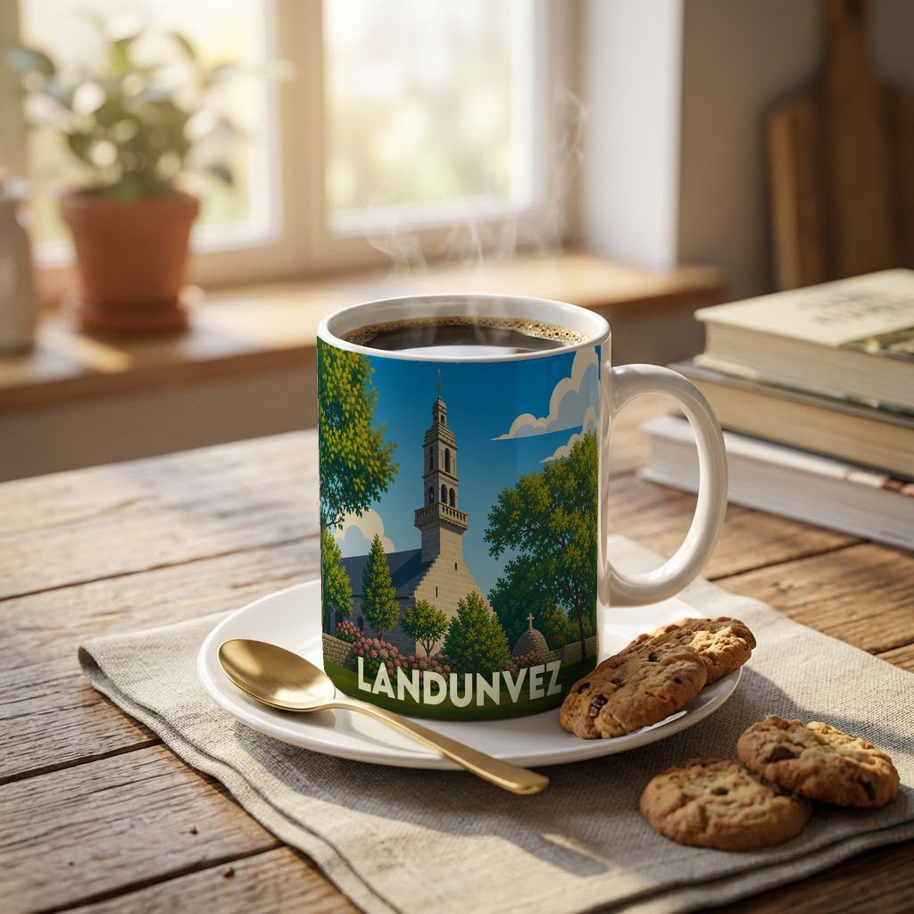 Mug souvenir de la ville de Landunvez orné d'une illustration stylisée de son église.