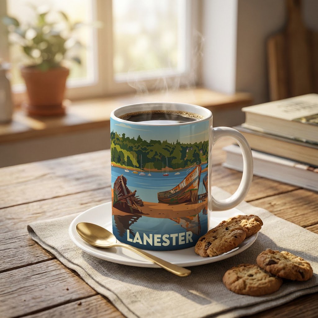 Mug souvenir de la ville de Lanester avec une illustration stylisée de bateaux.