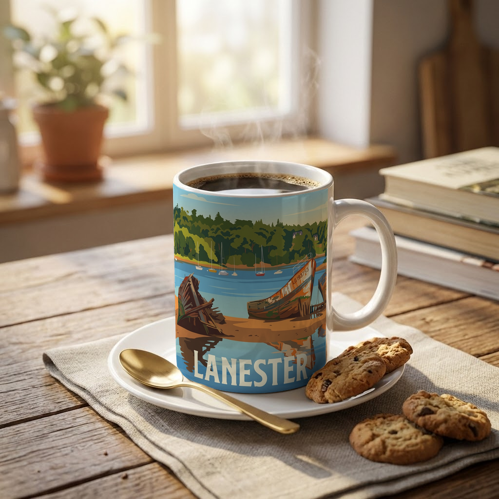 Mug souvenir de la ville de Lanester avec une illustration stylisée de bateaux.