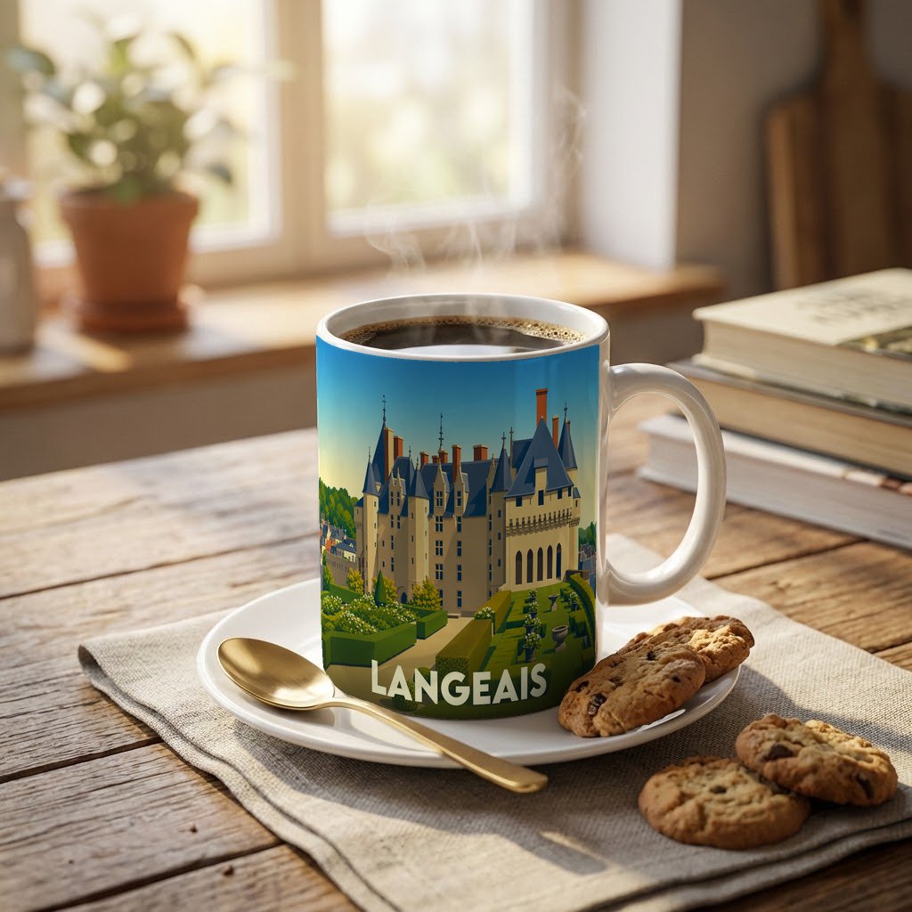 Mug souvenir de la ville de Langeais orné d'une illustration stylisée de son château, posé sur une table en bois avec du café et des biscuits.