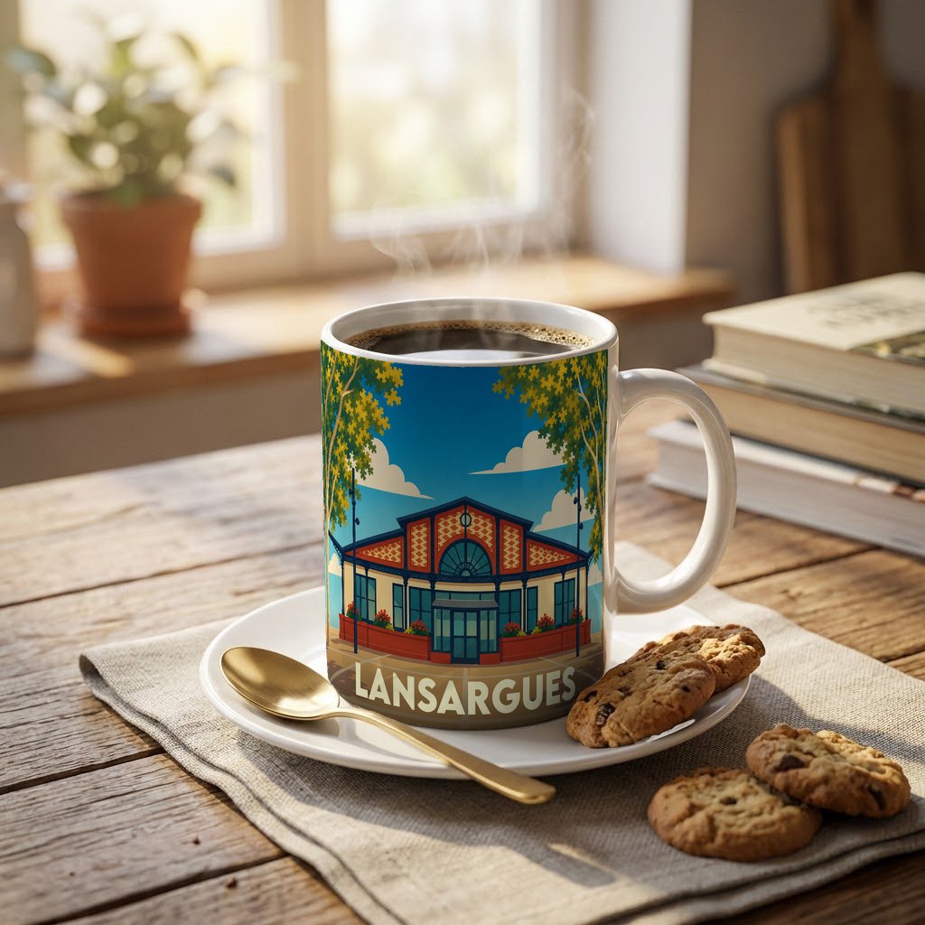 Mug souvenir de la ville de Lansargues avec une illustration stylisée.