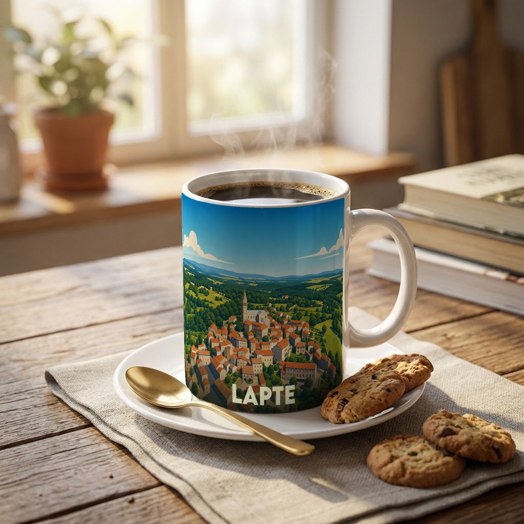 Mug souvenir de la ville de Lapte orné d'une illustration panoramique colorée.