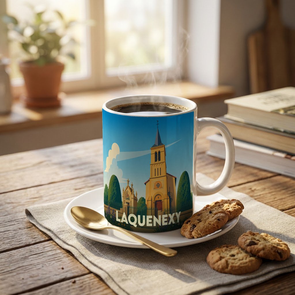 Mug souvenir de la ville de Laquenexy avec une illustration stylisée d'une église sous un ciel bleu.