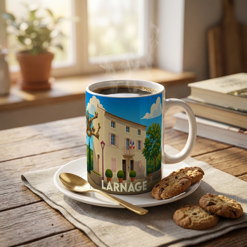 Mug souvenir de la ville de Larnage avec une illustration stylisée de son hôtel de ville.