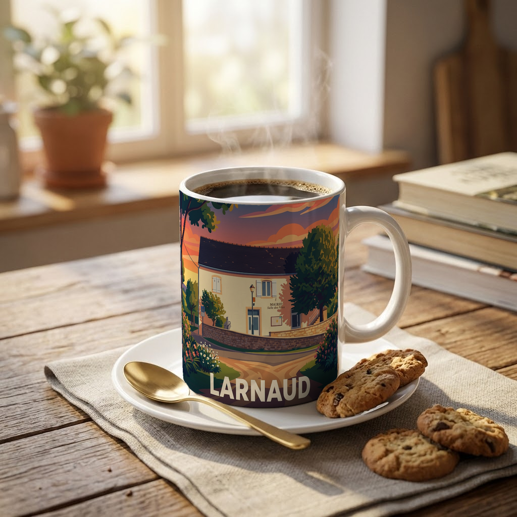 Mug souvenir de la ville de Larnaud avec une illustration stylisée.
