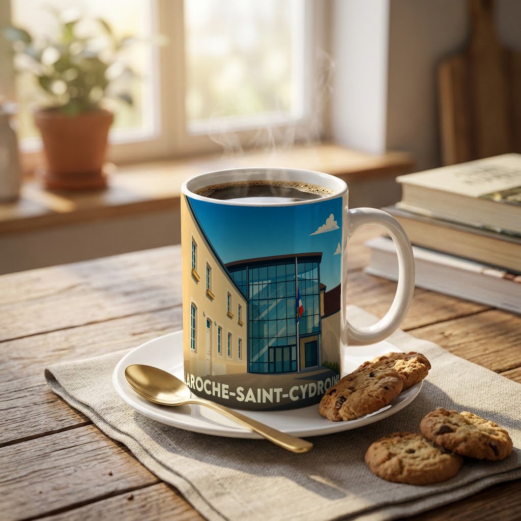 Mug souvenir de la ville de Laroche-Saint-Cydroine avec une illustration stylisée de son architecture.