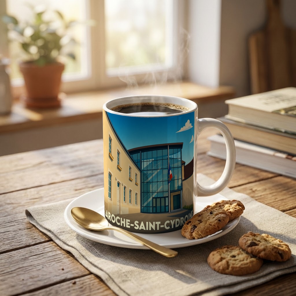 Mug souvenir de la ville de Laroche-Saint-Cydroine avec une illustration stylisée de son architecture.