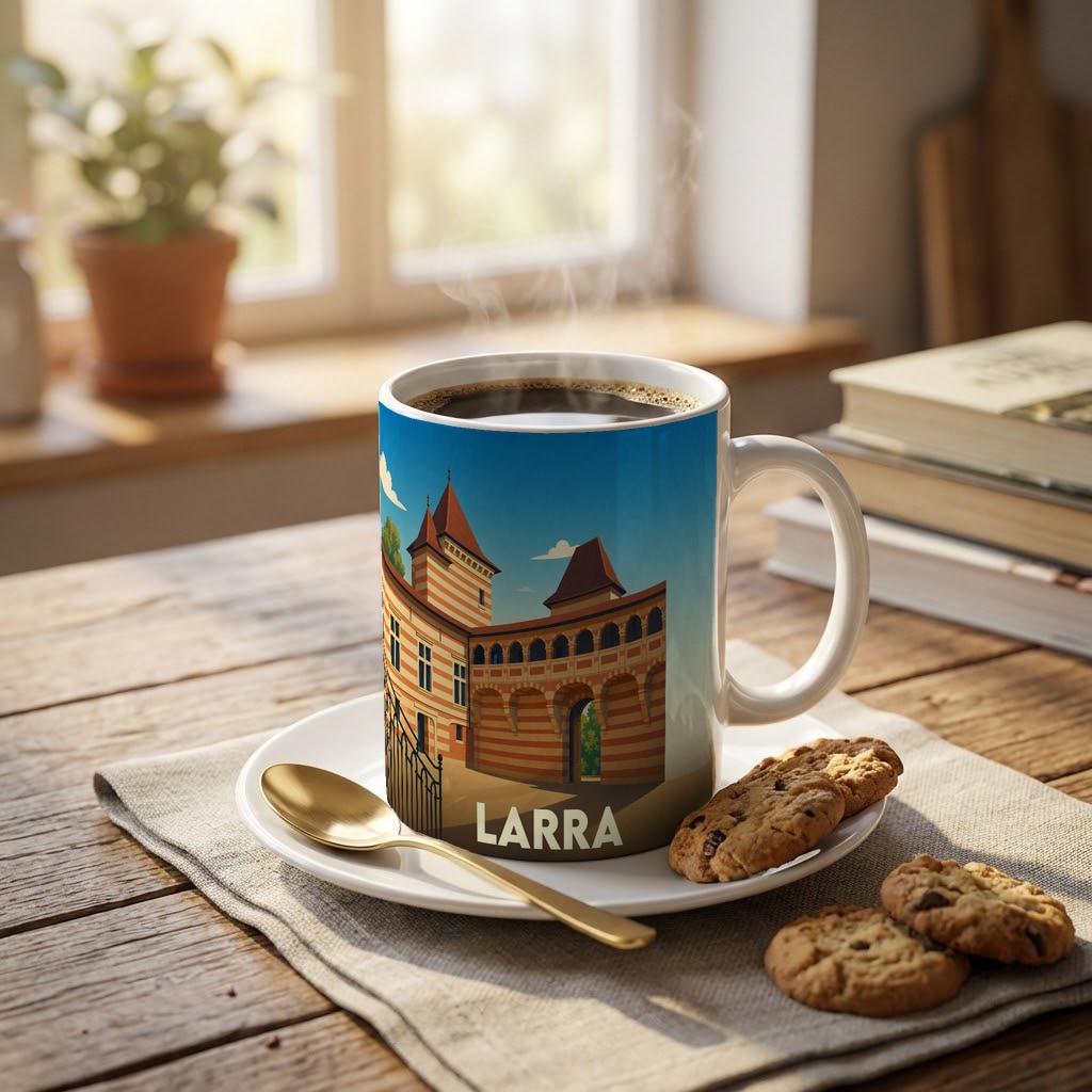 Mug souvenir de la ville de Larra illustré d'un monument historique stylisé, posé sur une table en bois avec des biscuits.