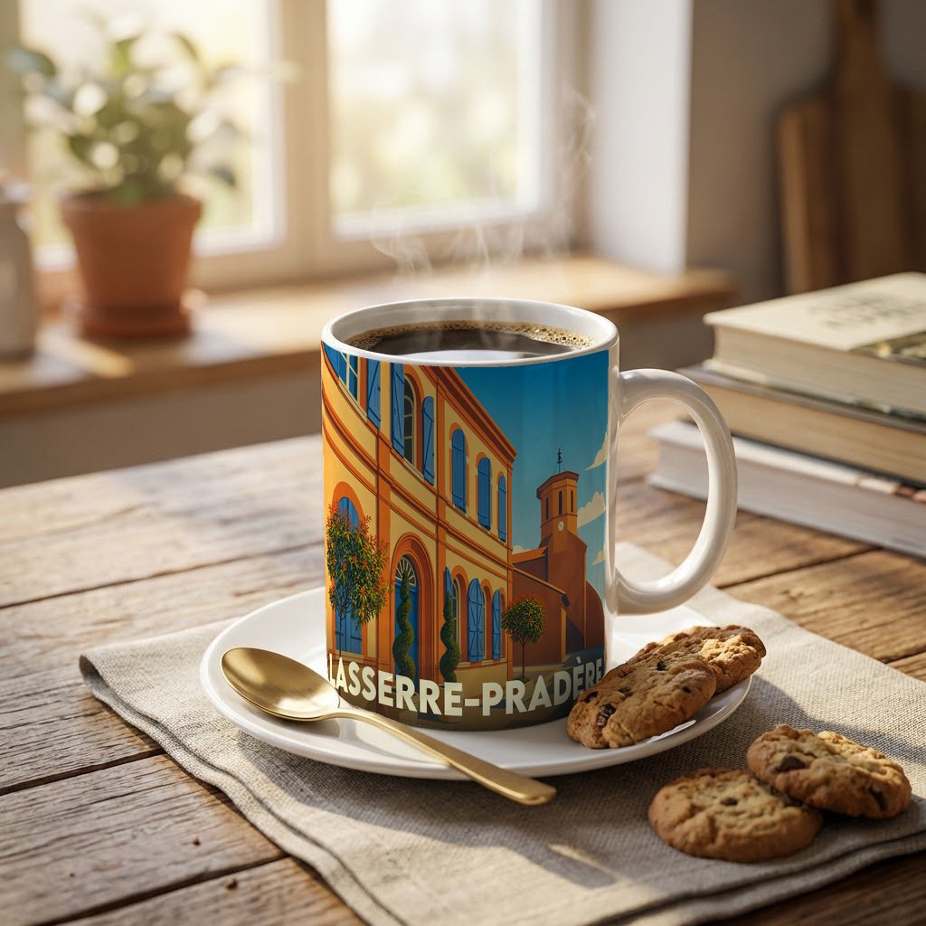 Mug souvenir de la ville de Lasserre-Pradère avec une illustration stylisée et colorée.