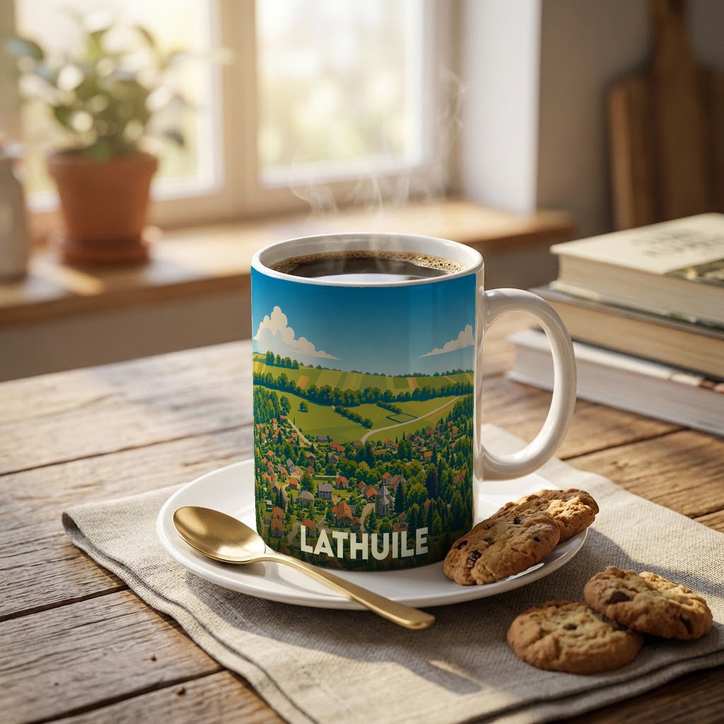 Mug souvenir de la ville de Lathuile avec une illustration stylisée d'un paysage de campagne verdoyant.