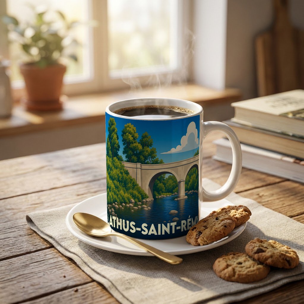 Mug souvenir de la ville de Lathus-Saint-Rémy orné d'une illustration stylisée de son pont.