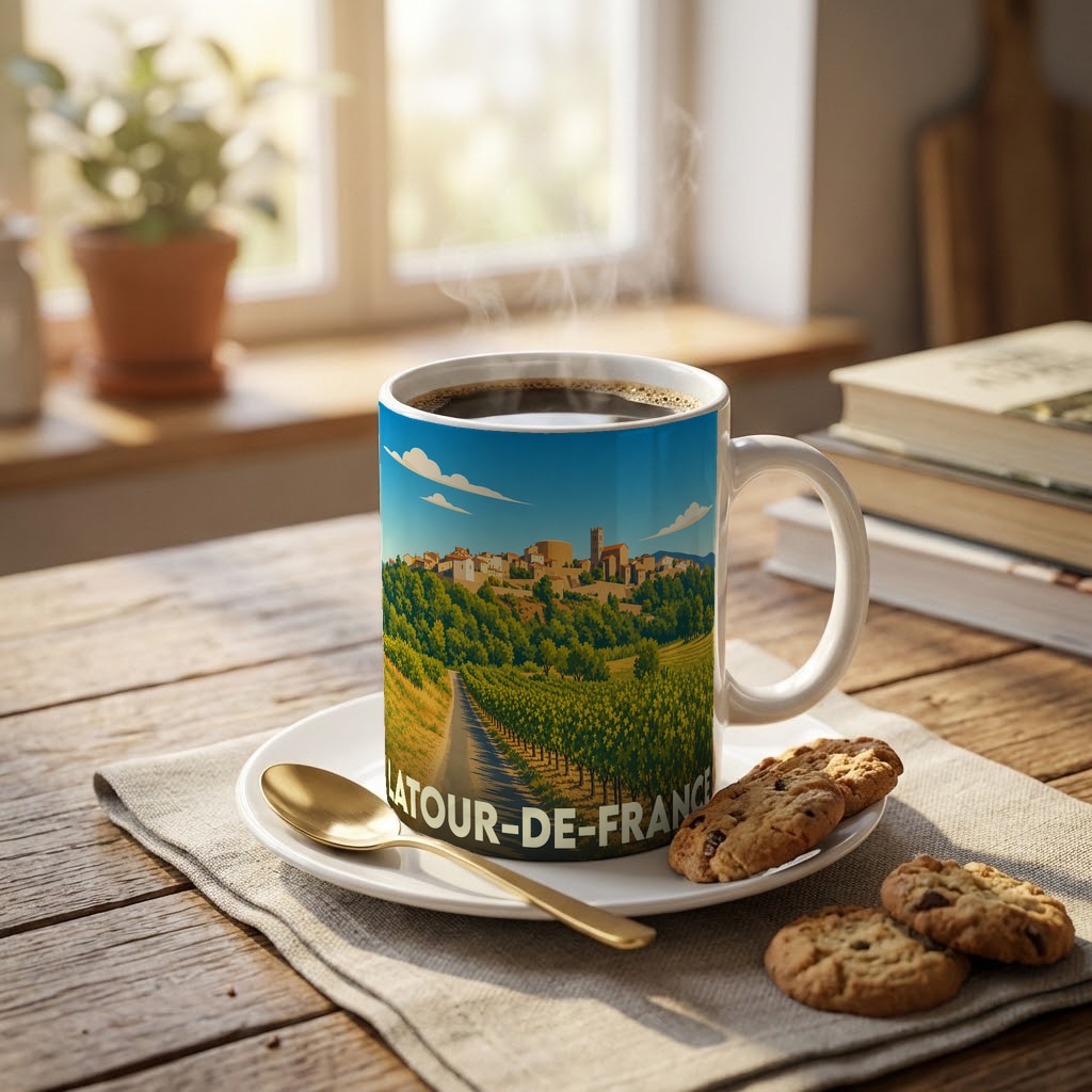 Mug souvenir de la ville de Latour-de-France avec une illustration stylisée de son paysage de vignobles.