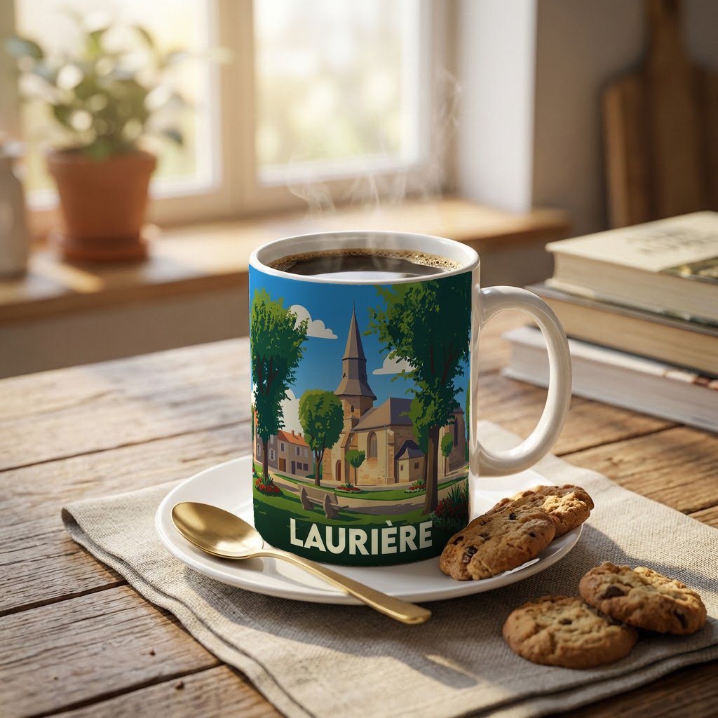 Mug souvenir de la ville de Laurière avec une illustration stylisée.