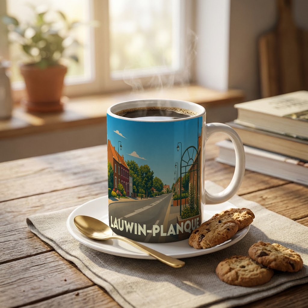 Mug souvenir de la ville de Lauwin-Planque orné d'une illustration stylisée de ses rues.