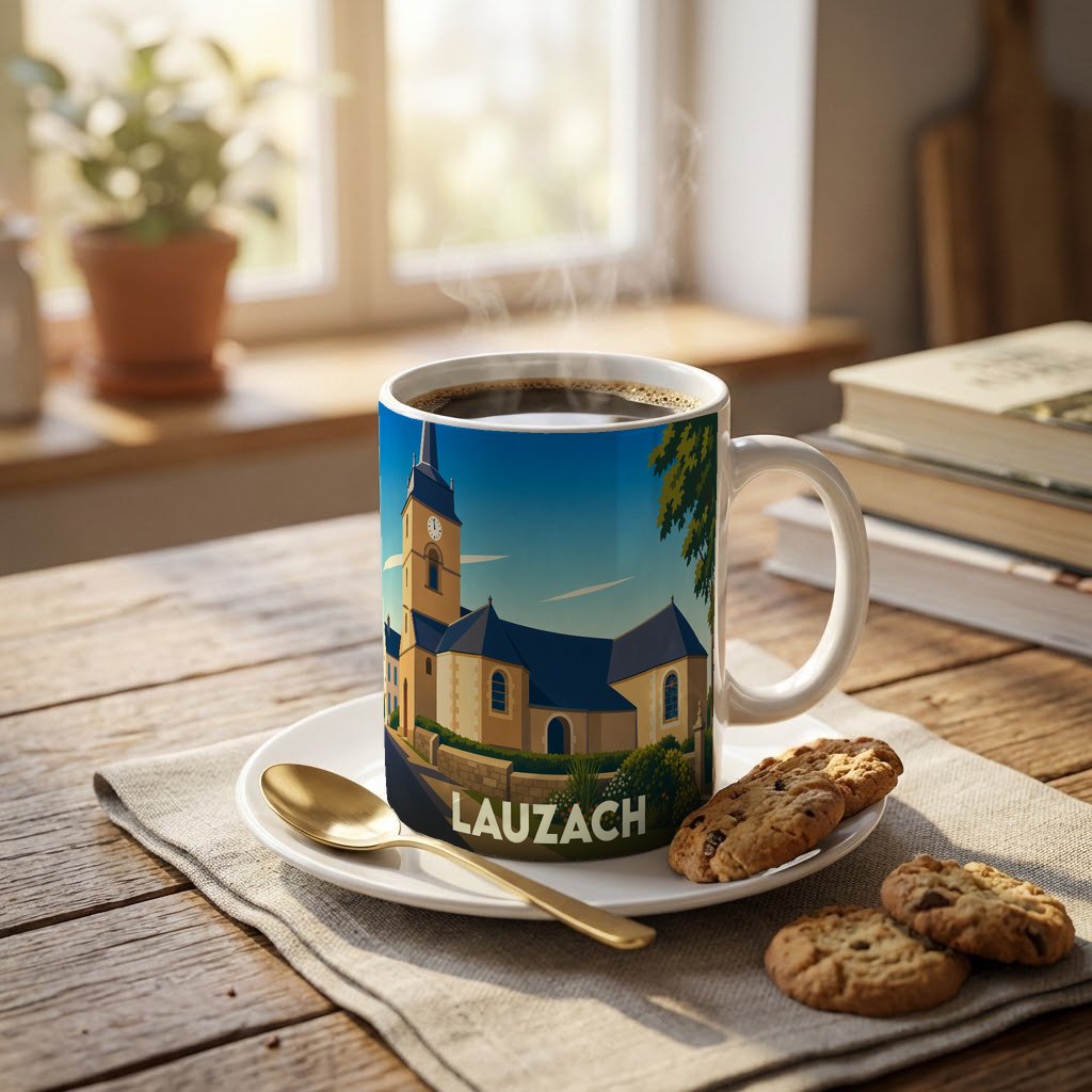 Mug souvenir de la ville de Lauzach illustré d'une église stylisée sur une table en bois.