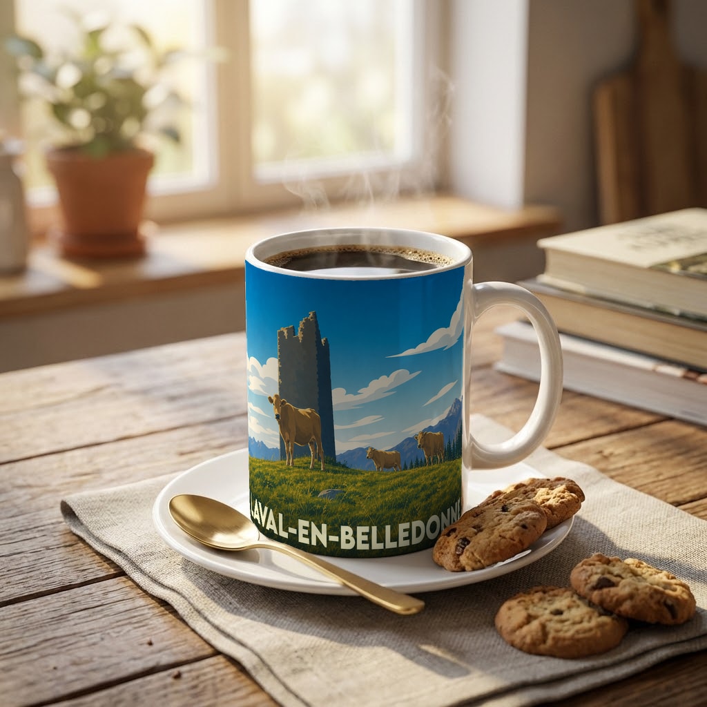 Mug souvenir de la ville de Laval-en-Belledonne avec une illustration stylisée montrant des vaches devant une tour médiévale.