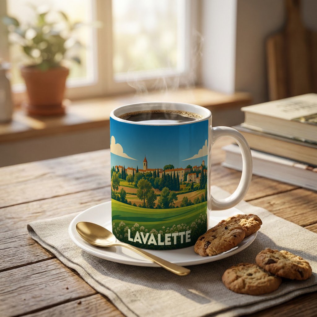 Mug souvenir de la ville de Lavalette illustré d'un paysage champêtre stylisé.