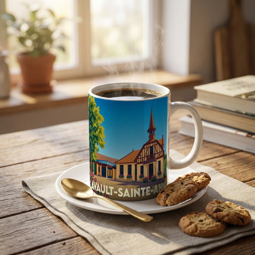 Mug souvenir de la ville de Lavault-Sainte-Anne avec une illustration stylisée d'un bâtiment historique.