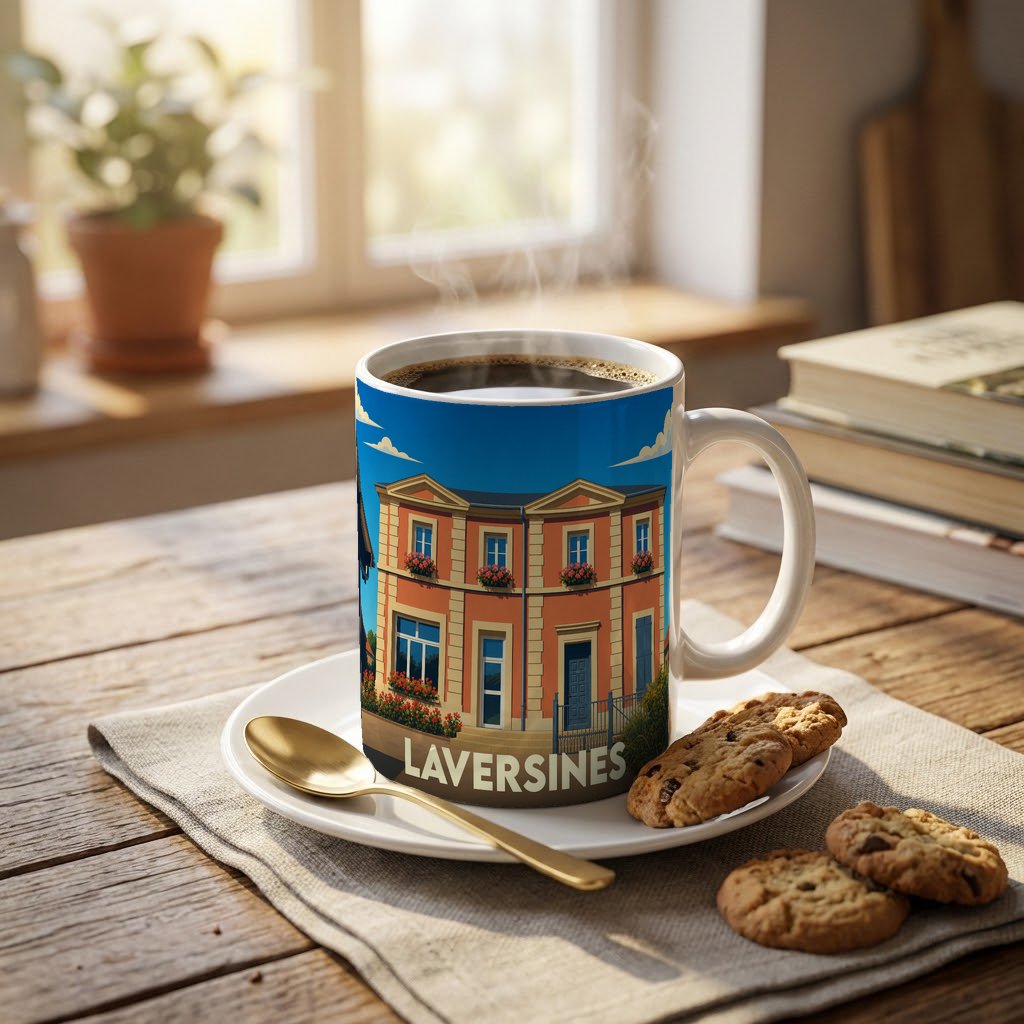 Mug souvenir de la ville de Laversines avec une illustration stylisée d'un bâtiment typique.